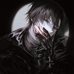Rule 34 | 1boy, bishounen, black gloves, black hair, blood, blood on face, cross, everydaysleep, gloves, hand on own face, jacket, jewelry, leather, leather jacket, long sleeves, looking at viewer, male focus, necklace, red eyes, shiki (togainu no chi), short hair, togainu no chi