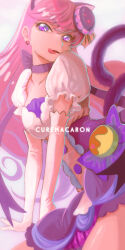Rule 34 | 1girl, animal ears, bow, cat ears, cat tail, character name, commentary, cure macaron, earrings, elbow gloves, extra ears, food, food-themed hair ornament, gloves, hair ornament, half-closed eyes, head tilt, high-waist skirt, jewelry, jj (ssspulse), kirakira precure a la mode, kneeling, kotozume yukari, long hair, looking at viewer, macaron, magical girl, miniskirt, open mouth, precure, puffy short sleeves, puffy sleeves, purple bow, purple eyes, purple hair, purple skirt, shirt, short sleeves, skirt, smirk, solo, tail, tongue, tongue out, white gloves, white shirt