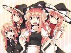 Rule 34 | 4girls, aoi kujira, apron, azusa (cookie), bad id, bad twitter id, blonde hair, blush stickers, braid, cookie (touhou), hat, hat ribbon, kirisame marisa, long hair, looking at viewer, mars (cookie), microphone, multiple girls, multiple persona, open mouth, rei (cookie), ribbon, ribbon trim, scarf, side braid, touhou, uzuki (cookie), v, waist apron, witch hat, yellow eyes