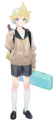 Rule 34 | 1boy, aqua eyes, backpack, bag, black collar, black footwear, black shorts, blonde hair, box, brown cardigan, cardigan, collar, collared shirt, commentary, expressionless, headphones, headset, highres, holding, holding box, holding strap, kagamine len, kneehighs, looking at viewer, male focus, naoko (naonocoto), necktie, sailor collar, school uniform, shirt, shorts, socks, solo, spiked hair, vocaloid, white socks, white shirt, yellow necktie