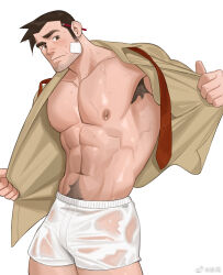 Rule 34 | 1boy, abs, ace attorney, armpit hair, armpits, bandaid, bandaid on cheek, bandaid on face, bara, bare pectorals, beard, object behind ear, blush, boxers, brown shirt, bulge, dick gumshoe, facial hair, flaccid, frde, highres, large pectorals, long sideburns, male focus, male underwear, mature male, muscular, muscular male, navel, navel hair, necktie, unworn necktie, nipples, no pants, open clothes, open shirt, pectorals, pencil, salaryman, see-through, shirt, short hair, sideburns, solo, stomach, stubble, thick thighs, thighs, underwear, undone necktie, undressing, wet, wet clothes, wet male underwear, white male underwear