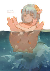 Rule 34 | 1girl, bad id, bad pixiv id, blue eyes, blue hair, blush stickers, bubble, character name, closed mouth, copyright name, corsola, creatures (company), echosdoodle, expressionless, game freak, gen 2 pokemon, horns, moemon, nintendo, panties, partially submerged, partially underwater shot, personification, pokemon, pokemon (creature), see-through, signature, skirt, smile, underwater, underwear, water, white background, white skirt