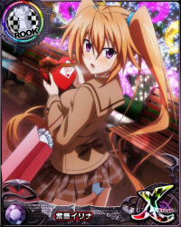Rule 34 | 1girl, ahoge, ass, bench, blush, bow, box, box of chocolates, breasts, brown hair, card (medium), chess piece, hair between eyes, high school dxd, high school dxd cross, long sleeves, looking at viewer, medium breasts, miniskirt, official art, open mouth, outdoors, panties, purple eyes, rook (chess), shidou irina, skirt, solo, tongue, twintails, underwear, valentine