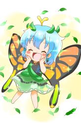 Rule 34 | 1girl, :d, ^ ^, antennae, bad id, bad twitter id, blue hair, blush stickers, butterfly wings, chibi, closed eyes, dress, eternity larva, hands on own cheeks, hands on own face, head wreath, highres, insect wings, leaf, natsune ilasuto, open mouth, short hair, smile, solo, sparkle, touhou, wings
