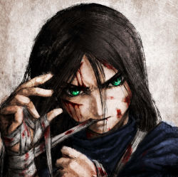 Rule 34 | 1girl, alice: madness returns, alice (alice in wonderland), alice in wonderland, alice liddell (american mcgee&#039;s alice), american mcgee&#039;s alice, bandages, black hair, bleeding, blood, blood on face, ceramic man, cuts, dress, green eyes, highres, injury, long hair, mouth hold, solo