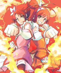 Rule 34 | 00s, 10s, 2girls, back-to-back, clenched hand, clenched hands, color connection, cure rouge, cure sunny, dress, earrings, eyelashes, fiery background, fire, gloves, grin, hair bun, hair ornament, hairpin, hino akane (smile precure!), jewelry, multiple girls, natsuki rin, ohtsukiya, orange background, orange dress, orange skirt, orange theme, power connection, precure, red eyes, red hair, red shorts, red theme, short hair, shorts, single hair bun, skirt, smile, smile precure!, yes! precure 5, yes! precure 5 gogo!