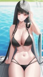 Rule 34 | 1girl, absurdres, arm support, bikini, black bikini, black hair, blue archive, blunt bangs, blurry, blurry background, breasts, bright pupils, cleavage, collarbone, highres, large breasts, leavv, long hair, looking at viewer, navel, outdoors, pool, poolside, red eyes, rio (blue archive), sitting, skindentation, solo, straight hair, string bikini, swimsuit, very long hair