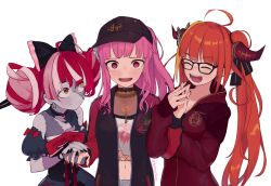 Rule 34 | 3girls, ahoge, baseball bat, black-framed eyewear, black headwear, black nails, black ribbon, blonde hair, blush, bow, closed eyes, diagonal-striped bow, dragon girl, dragon horns, emblem, facing another, fingernails, glasses, hair ribbon, heterochromia, highres, holding, holding hands, hololive, hololive english, hololive indonesia, hood, hood down, hooded track jacket, horn bow, horn ornament, horns, interlocked fingers, jacket, jewelry, kiryu coco, kiryu coco (loungewear), kureiji ollie, locked arms, long hair, long sleeves, looking at another, looking at viewer, midriff, mori calliope, mori calliope (streetwear), multicolored hair, multiple girls, nail polish, navel, necklace, object through head, official alternate costume, open clothes, open jacket, open mouth, orange hair, pink eyes, pink hair, pointy ears, ponytail, red hair, red jacket, red nails, ribbon, sidelocks, simple background, skull print, streaked hair, striped, striped bow, sweat, sword, sword in head, tank top, torn clothes, track jacket, twintails, upper body, virtual youtuber, weapon, white background, white hair, yoako, zombie