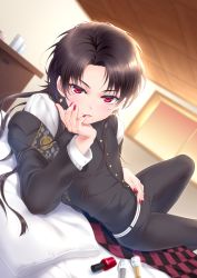 Rule 34 | 10s, 1boy, bad id, bad pixiv id, blush, brown hair, come hither, dutch angle, earrings, eyebrows, hair down, hand on own cheek, hand on own face, hand on own stomach, highres, jewelry, kashuu kiyomitsu, lips, looking at viewer, lying, male focus, mole, mole under mouth, nail polish, on bed, on side, pillow, red eyes, red nails, shelf, shiromayu, solo, sunset, touken ranbu, window