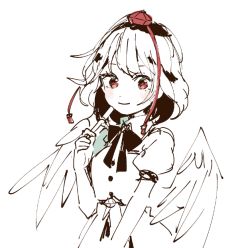 Rule 34 | 1girl, bow, bowtie, closed mouth, dot nose, feathered wings, greyscale, hand up, hat, holding, holding pen, looking at viewer, low wings, monochrome, mozukuzu (manukedori), pen, puffy short sleeves, puffy sleeves, red eyes, shameimaru aya, short hair, short sleeves, simple background, smile, solo, spot color, tassel, tokin hat, touhou, upper body, white background, wing collar, wings