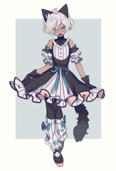 Rule 34 | 1boy, animal ears, bare shoulders, bed frame, black dress, black ears, black footwear, black gloves, black pantyhose, blue bow, blue eyes, blue ribbon, bow, buttons, cat ears, cat tail, collar, dark skin, dress, freckles, frilled collar, frills, full body, glasses, gloves, grin, head tilt, heterochromia, highres, kirudai, looking at viewer, loose socks, male focus, open mouth, original, pantyhose, pleated dress, ribbon, short hair, smile, socks, solo, standing, striped clothes, striped dress, tail, white hair, yellow eyes