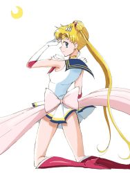 Rule 34 | 1girl, back bow, bishoujo senshi sailor moon, blonde hair, blue eyes, blue sailor collar, bow, commentary request, crescent, double bun, elbow gloves, from behind, gloves, gold choker, highres, kinfuji, long hair, looking back, pink bow, pleated skirt, red footwear, sailor collar, sailor moon, sailor senshi, sailor senshi uniform, simple background, skirt, solo, super sailor moon, tsukino usagi, twintails, white background, white gloves, white skirt