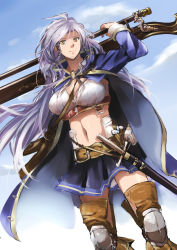 Rule 34 | 10s, 1girl, ahoge, belt, between breasts, black skirt, blue sky, boots, braid, breasts, brown thighhighs, cleavage, closed mouth, cloud, coat, day, granblue fantasy, gun, highres, holding, holding gun, holding weapon, huge breasts, knee pads, light purple hair, long hair, long sleeves, looking at viewer, miniskirt, navel, open clothes, open coat, rifle, shirokuro (shirokuro-1999), silva (granblue fantasy), skirt, sky, solo, standing, strap, strap between breasts, thigh boots, thighhighs, twin braids, weapon, wind, yellow eyes