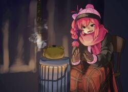 Rule 34 | 1girl, beanie, black jacket, braid, brown gloves, cold, commentary request, cookie (touhou), feet out of frame, gloves, hair between eyes, hat, highres, jacket, kerosene heater, leftame, long hair, medium bangs, one side up, open mouth, pink hair, pink hat, pink scarf, plaid, plaid blanket, red eyes, sasorihime (cookie), scarf, sidelocks, single braid, sitting, solo, steam, teapot, trembling, wooden chair