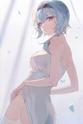 Rule 34 | 1girl, absurdres, alternate costume, bare arms, bare shoulders, black hairband, blue hair, breasts, cowboy shot, dress, eula (genshin impact), garter straps, genshin impact, hairband, highres, looking at viewer, medium breasts, medium hair, solo, standing, white dress, yutou (yutou75)