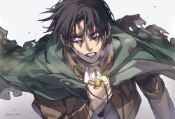 Rule 34 | 1boy, black hair, blood, blood on face, brown jacket, clenched teeth, cloak, green cloak, hand up, holding, holding jewelry, holding necklace, jacket, jewelry, levi (shingeki no kyojin), long sleeves, looking at viewer, male focus, necklace, neri aot, shingeki no kyojin, shirt, short hair, solo, teeth, twitter username, upper body, white background, white eyes, white shirt