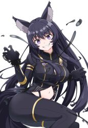 1girl animal_ear_fluff animal_ears black_bodysuit black_hair bodysuit breasts commentary_request delta_(kage_no_jitsuryokusha_ni_naritakute!) gem grin highres kage_no_jitsuryokusha_ni_naritakute! large_breasts long_hair looking_at_viewer navel purple_eyes purple_gemstone slit_pupils smile solo tail teeth very_long_hair wolf_ears wolf_girl wolf_tail yamichi_(yamichi8369)