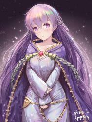 Rule 34 | 1girl, belly chain, blush, braid, breasts, cape, cleavage, cloak, collarbone, cowboy shot, dress, fire emblem, fire emblem: the binding blade, head tilt, ippers, jewelry, light blush, long hair, looking at viewer, medium breasts, nintendo, open mouth, purple cape, purple eyes, purple hair, side braid, snow, solo, sophia (fire emblem), very long hair