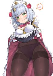 Rule 34 | armor, black pantyhose, blush, blush stickers, braid, braided bangs, breasts, clothes lift, covered navel, embarrassed, floral print, flower, genshin impact, gloves, gluteal fold, heart, highres, leglus, lifted by self, looking away, maid, medium breasts, noelle (genshin impact), panties, panties under pantyhose, pantyhose, purple panties, red flower, red rose, rose, short hair, silver hair, simple background, skirt, skirt lift, solo, standing, underwear, white background, yellow eyes