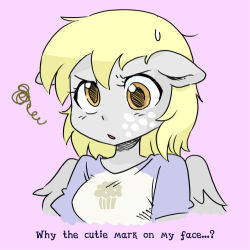 Rule 34 | 1girl, blonde hair, chestnut mouth, colored skin, cutie mark, derpy hooves, english text, furry, furry female, grey skin, horse girl, lowres, my little pony, my little pony: equestria girls, my little pony: friendship is magic, open mouth, personification, pink background, shepherd0821, simple background, solo, squiggle, sweatdrop, v-shaped eyebrows, wall-eyed, wings