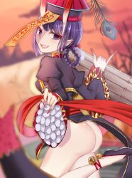 Rule 34 | 1girl, ankle ribbon, ass, back, bell, black dress, blurry, blurry background, breasts, china dress, chinese clothes, dress, eyeliner, fate/grand order, fate (series), fingernails, frills, hair rings, hat, heroic spirit festival outfit, highres, horns, jiangshi, jingle bell, juliet sleeves, leg ribbon, long fingernails, long sleeves, looking at viewer, looking back, makeup, mjsk, ofuda, oni, open mouth, orange sky, peacock feathers, pointy ears, puffy sleeves, purple eyes, purple hair, qingdai guanmao, ribbon, sash, short hair, shuten douji (fate), shuten douji (festival outfit) (fate), skin-covered horns, sky, small breasts, smile, solo, thighs, twilight, twintails, wide sleeves
