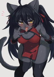 Rule 34 | 1girl, ahoge, animal ears, animal nose, bare hips, bare shoulders, black hair, black skin, black thighhighs, blush, breasts, cat ears, cat girl, cat tail, cleavage cutout, clothing cutout, colored skin, dress, furry, furry female, hair ribbon, highres, loincloth, long hair, looking at viewer, open mouth, original, pelvic curtain, red dress, red ribbon, ribbon, saigi, snout, solo, tail, thighhighs, tongue, tongue out, twintails, w, wristband, yellow eyes
