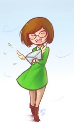 Rule 34 | 10s, 1girl, 2012, :d, brown hair, dated, dress, envelope, closed eyes, feathers, glasses, morganchan, nikki (swapnote), nintendo, open mouth, red-framed eyewear, shoes, short hair, signature, smile, solo, standing, swapnote, wind, wings