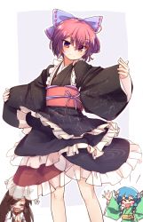 Rule 34 | 3girls, animal ears, black kimono, blue hair, blush, bowing, brown hair, closed eyes, cosplay, dress, excited, fang, fins, flower, frills, grass root youkai network, green kimono, head fins, imaizumi kagerou, isu (is88), japanese clothes, kimono, long hair, long sleeves, multiple girls, open mouth, outstretched arms, own hands together, palms together, red eyes, red hair, sekibanki, short hair, smile, touhou, wakasagihime, wakasagihime (cosplay), white dress, wide sleeves, wolf ears