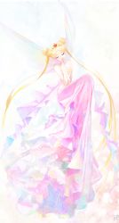 Rule 34 | 1girl, absurdly long hair, bare shoulders, bishoujo senshi sailor moon, closed eyes, colorful, covered mouth, crescent, crescent facial mark, crown, double bun, dress, facial mark, forehead mark, hair bun, long hair, multicolored clothes, multicolored dress, neo queen serenity, own hands clasped, own hands together, parted bangs, pink dress, praying, rojo0110, signature, solo, strapless, strapless dress, tiara, tsukino usagi, twintails, very long hair, white dress