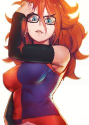 Rule 34 | 1girl, android 21, arm warmers, aurahack, big hair, black-framed eyewear, breasts, curly hair, detached sleeves, dragon ball, dragon ball fighterz, dress, earrings, female focus, hoop earrings, jewelry, long hair, looking at viewer, medium breasts, multicolored clothes, multicolored dress, simple background, smile, solo, white background