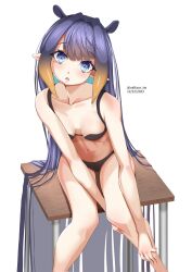 Rule 34 | 1girl, blue eyes, blunt bangs, bra, breasts, highres, hololive, hololive english, long hair, looking at viewer, ninomae ina&#039;nis, on table, purple hair, sitting, small breasts, solo, swimsuit, table, twitter username, underwear, valtaur tw, virtual youtuber