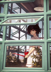 Rule 34 | 1girl, black eyes, black hair, building, closed mouth, cloud, commentary request, day, dress, expressionless, from side, holding, indoors, kaoming, leaf, looking at viewer, looking outside, looking to the side, open window, orb, original, sailor collar, sailor dress, short hair, short sleeves, solo, standing, watering can, white dress, window