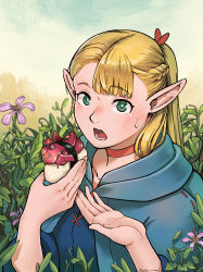 1girl absurdres blonde_hair braid choker cloak dungeon_meshi elf food french_braid green_eyes hair_ribbon highres joeychen long_hair looking_at_viewer marcille_donato mushroom open_mouth pointy_ears red_choker ribbon solo sushi sweatdrop tentacles