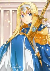 Rule 34 | 10s, 1girl, alice zuberg, armor, blonde hair, blue eyes, female focus, gauntlets, gold armor, hair between eyes, light particles, long hair, looking at viewer, mady (madine08260), robe, scabbard, sheath, solo, sword, sword art online, weapon