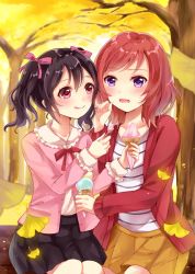 Rule 34 | 10s, 2girls, :q, autumn, black hair, blush, bow, buttons, cardigan, casual, feeding, food, ginkgo tree, hair bow, hair ribbon, holding, holding food, ice cream, long sleeves, love live!, love live! school idol project, miniskirt, multiple girls, neck ribbon, nishikino maki, open mouth, outdoors, pink bow, pink ribbon, pinky out, pleated skirt, purple eyes, red bow, red eyes, red hair, red ribbon, ribbon, sakura hiyori, shirt, short hair, sitting, skirt, striped clothes, striped shirt, sweatdrop, swept bangs, tongue, tongue out, tree, twintails, unbuttoned, wavy mouth, yazawa nico, yuri