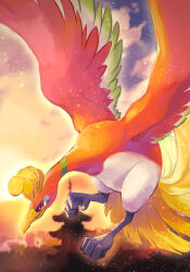 Rule 34 | animal focus, beak, bird, bird tail, bird wings, blurry, blurry background, claws, creatures (company), feathered wings, feathers, game freak, gen 2 pokemon, highres, ho-oh, legendary pokemon, nintendo, no humans, phoenix, pokemon, pokemon (creature), pokemon hgss, red eyes, sky, solo, sunset, tail, talons, toneko, wings