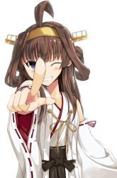 Rule 34 | 10s, 1girl, ahoge, bad id, bad pixiv id, bare shoulders, blush, brown hair, detached sleeves, double bun, foreshortening, grin, hair bun, hairband, headgear, highres, kantai collection, kongou (kancolle), long hair, looking at viewer, myuton, nontraditional miko, one eye closed, outstretched hand, pointing, pointing at viewer, purple eyes, ribbon-trimmed sleeves, ribbon trim, simple background, smile, solo, white background