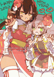 2022 2girls arch_bishop_(ragnarok_online) black_hair blue_background breasts brown_dress claw_pose cleavage cleavage_cutout clothing_cutout commentary_request cowboy_shot cross drawn_whiskers dress fingernails flat_chest frilled_dress frilled_sleeves frills green_eyes grey_hair happy_new_year large_breasts long_hair looking_at_viewer multiple_girls new_year official_alternate_costume open_mouth pointy_ears ragnarok_online red_dress red_nails sash simple_background smile thighhighs two-tone_dress white_dress white_thighhighs yellow_eyes yellow_sash zibal