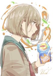 Rule 34 | 1girl, blue sailor collar, brown eyes, brown hair, cardigan, carton, closed mouth, drinking straw, from side, highres, holding, holding carton, leaf, lipton, long sleeves, man015s, original, profile, sailor collar, short hair, signature, simple background, solo, tea, tea leaves, upper body, wet, wet hair