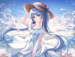 Rule 34 | 1girl, bare arms, bare shoulders, blue eyes, blue hair, blue ribbon, breasts, cleavage, cloud, cloudy sky, collarbone, day, dress, hat, hat ribbon, hatsune miku, highres, long hair, looking at viewer, ocean, outdoors, photoshop (medium), revision, ribbon, short sleeves, skirt, sky, small breasts, smile, solo, ssum (ehf dustk), sun hat, twintails, very long hair, vocaloid, white dress