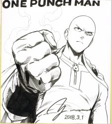 Rule 34 | 1boy, absurdres, bald, bodysuit, cape, clenched hand, closed mouth, dated, foreshortening, from below, frown, gloves, greyscale, highres, male focus, monochrome, murata yuusuke, official art, one-punch man, photo (medium), saitama (one-punch man), serious, signature, solo, superhero costume, traditional media, upper body