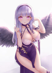 Rule 34 | 1girl, absurdres, azur lane, bare shoulders, breasts, cleavage, criss-cross halter, dido (anxious bisque doll) (azur lane), dido (azur lane), dress, dress straps, feathered wings, hairband, halter dress, halterneck, hand in own hair, headband, highres, jyu-so, large wings, light purple hair, long dress, long hair, looking at viewer, pelvic curtain, pink eyes, purple dress, purple hairband, purple headband, sitting, sleeveless, sleeveless dress, solo, wet, wet clothes, wings