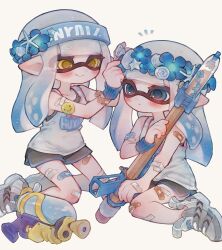 Rule 34 | 2girls, 7om x2, bandaid, bandaid on arm, bandaid on leg, black shorts, blue eyes, blue hair, blue headband, blue trim, blue wristband, blush, closed mouth, commentary, dolphin shorts, full body, gradient hair, grey footwear, gun, head wreath, headband, highres, holding, holding gun, holding weapon, inkling, inkling girl, inkling player character, jersey, kneeling, long hair, multicolored hair, multiple girls, nintendo, notice lines, pointy ears, print headband, print shirt, shirt, shoes, shorts, simple background, sitting, sleeveless, sleeveless shirt, smile, snipewriter (splatoon), splatoon (series), splatoon 3, splattershot (splatoon), symbol-only commentary, tentacle hair, weapon, white background, white shirt, yellow eyes