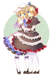 Rule 34 | 2girls, alice (luminous arc), belt, blonde hair, blue eyes, capelet, detached sleeves, dress, frills, hair over one eye, hairband, hat, long hair, luminous arc, luminous arc 2, multiple girls, open mouth, pantyhose, ribbon, shoes, short hair, therese, witch hat