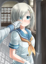 Rule 34 | 10s, 1girl, bad id, bad pixiv id, blue eyes, blush, breasts, commentary request, eyes visible through hair, food, food on face, gloves, hair ornament, hair over one eye, hairclip, hamakaze (kancolle), highres, kantai collection, medium breasts, pleated skirt, pov, rice, rice on face, school uniform, serafuku, short hair, silver hair, skirt, solo focus, standing, white gloves, zombie mogura
