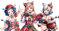 Rule 34 | 3girls, ahoge, animal ear fluff, animal ears, antlers, bare shoulders, bell, black gloves, black hair, blue eyes, blue hair, bow, braid, breasts, brown hair, capelet, chyoling, cleavage, commentary request, cottage project, cropped jacket, demon tail, detached sleeves, double bun, dress, frilled gloves, frills, gloves, grey hair, hair bell, hair bow, hair bun, hair ornament, hat, heterochromia, horns, jacket, long hair, long sleeves, mashika tsuno, medium breasts, memori tsumugi, multicolored hair, multiple girls, off shoulder, official art, open clothes, open jacket, outstretched arm, pink hair, puffy long sleeves, puffy short sleeves, puffy sleeves, purple eyes, red bow, red capelet, red dress, red headwear, red jacket, red sleeves, santa costume, santa hat, short sleeves, simple background, strapless, strapless dress, streaked hair, striped tail, tail, upper body, virtual youtuber, white background, yellow eyes, yukine kohaku