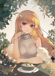 Rule 34 | 1girl, bare shoulders, basket, blonde hair, blush, breasts, candle, chinese commentary, closed mouth, commentary request, denonbu, feather boa, flower, food, hairband, hand on own cheek, hand on own face, hand up, highres, large breasts, leaf, long hair, looking at viewer, maomaomao (yukoyort), pie, plant, plate, red eyes, shirokane aki, sleeveless, sleeveless sweater, smile, solo, spoon, sweater, table, turtleneck, turtleneck sweater, upper body, white flower, white hairband, white sweater