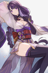 Rule 34 | 1girl, black thighhighs, breasts, cleavage, commentary request, genshin impact, grey background, hand on own chest, highres, japanese clothes, kimono, long braid, long hair, long sleeves, looking at viewer, medium breasts, obi, ponzu pon9, purple eyes, purple hair, purple kimono, raiden shogun, red sash, sash, solo, thighhighs, thighs, very long hair, wide sleeves