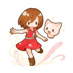 Rule 34 | animal ears, artist name, black eyes, blush stickers, boots, brown footwear, brown hair, cat ears, chibi, commentary, creature, dated, fang, floating, full body, heart, jacket, kineko, leg up, looking at viewer, meiko (vocaloid), mushroom, open mouth, original, outstretched arm, red jacket, red skirt, sanpati, short hair, skirt, sleeveless, sleeveless jacket, smile, solid oval eyes, standing, standing on one leg, treble clef, vocaloid, white background, zipper pull tab