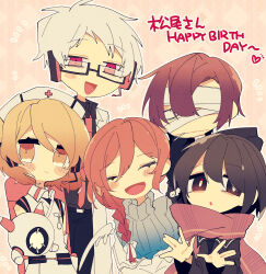 Rule 34 | 2boys, 3girls, argyle, argyle background, bandage over one eye, black eyes, black neckerchief, black pants, black serafuku, black shirt, blue sweater, blush stickers, braid, braided ponytail, bright pupils, brown eyes, brown hair, closed eyes, closed mouth, coat, commentary request, constricted pupils, detached wings, dr. dareka, dress, drone, facing viewer, glasgow smile, glasses, hair between eyes, hair over shoulder, hands up, happy birthday, hat, headset, highres, hood, hood down, jacket, jacket partially removed, kaze imo, lab coat, long sleeves, looking at viewer, matsuo tsubasa, multiple boys, multiple girls, neckerchief, necktie, netsu teki, nurse cap, nurse robot type t, open clothes, open coat, open mouth, outline, pants, pink background, red eyes, red necktie, red scarf, ribbed sweater, sanada ima, scarf, school uniform, serafuku, shirt, short hair, single blush sticker, sleeveless, sleeveless dress, smile, stitched face, stitches, sweater, turtleneck, turtleneck sweater, utau, voicevox, white coat, white dress, white hair, white jacket, white outline, white pupils, wings, ||/